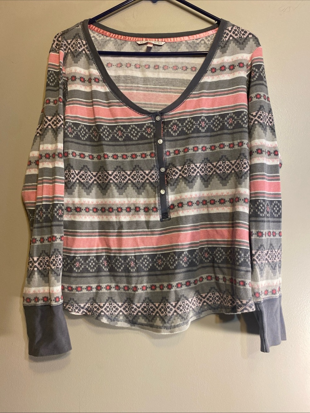 Thermal Henley Pajama Top Fair Isle Pink Gray Women’s L Victoria’s Secret